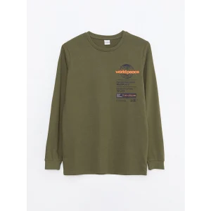 LCW Kids Haki Bisiklet Yaka Baskılı Uzun Kollu Erkek Çocuk Tişört