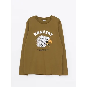 LCW Kids Haki Bisiklet Yaka Baskılı Uzun Kollu Pamuklu Erkek Çocuk Tişört