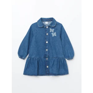 LCW Kids İndigo Uzun Kollu Nakışlı Kız Bebek Jean Elbise