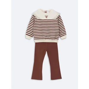 LCW Kids Kahverengi Bisiklet Yaka Çizgili Kız Çocuk Sweatshirt ve Tayt 2li Takım