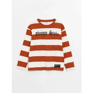 LCW Kids Kahverengi Rahat Kalıp Bisiklet Yaka Çizgili Erkek Çocuk Tişört