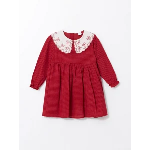 LCW Kids Kırmızı Bebe Yaka Nakışlı Kız Çocuk Elbise