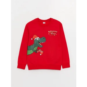 LCW Kids Kırmızı Bisiklet Yaka Yılbaşı Temalı Uzun Kollu Erkek Çocuk Sweatshirt