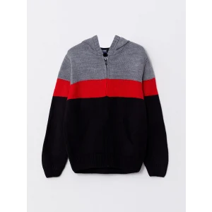 LCW Kids Kırmızı Kapüşonlu Renk Bloklu Uzun Kollu Erkek Çocuk Triko Hırka