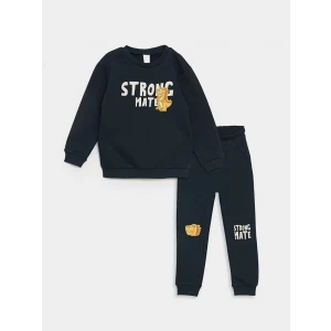 LCW Kids Lacivert Bisiklet Yaka Baskılı Erkek Çocuk Sweatshirt ve Eşofman Alt 2li Takım