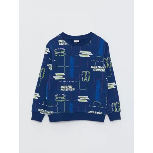 LCW Kids Lacivert Bisiklet Yaka Baskılı Uzun Kollu Erkek Çocuk Sweatshirt