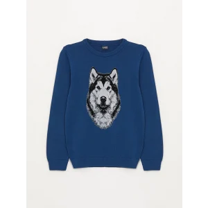 LCW Kids Lacivert Bisiklet Yaka Baskılı Uzun Kollu Erkek Çocuk Triko Kazak