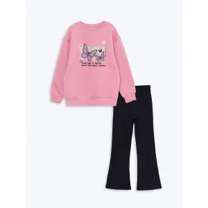 LCW Kids Pembe Bisiklet Yaka Baskılı Uzun Kollu Kız Çocuk Sweatshirt ve Tayt