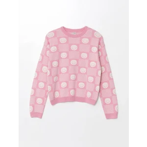 LCW Kids Pembe Bisiklet Yaka Desenli Uzun Kollu Kız Çocuk Triko Kazak