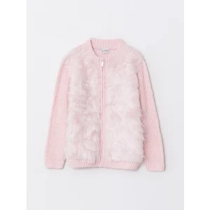 LCW Kids Pembe Bisiklet Yaka Pelüş Detaylı Uzun Kollu Kız Çocuk Triko Hırka