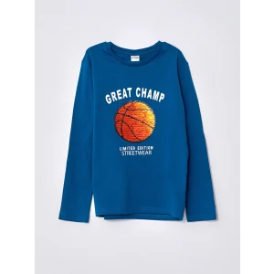 LCW Kids Petrol Bisiklet Yaka Baskılı Çift Yönlü Payetli Uzun Kollu Pamuklu Erkek Çocuk Tişört