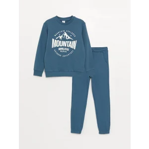 LCW Kids Petrol Bisiklet Yaka Baskılı Uzun Kollu Erkek Çocuk Sweatshirt ve Eşofman Altı