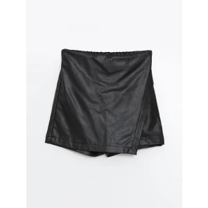 LCW Kids Siyah Beli Lastikli Deri Görünümlü Kız Çocuk Şort Etek