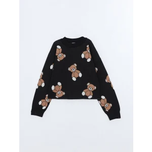 LCW Kids Siyah Bisiklet Yaka Ayı Teddy Desenli Kız Çocuk Triko Kazak