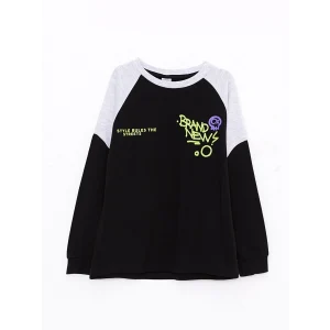 LCW Kids Siyah Bisiklet Yaka Baskılı Uzun Kollu Erkek Çocuk Tişört