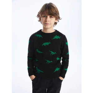 LCW Kids Siyah Bisiklet Yaka Desenli Uzun Kollu Erkek Çocuk Triko Kazak