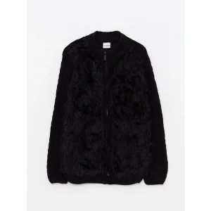 LCW Kids Siyah Bisiklet Yaka Pelüş Detaylı Uzun Kollu Kız Çocuk Triko Hırka