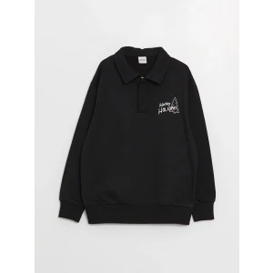 LCW Kids Siyah Polo Yaka Baskılı Uzun Kollu Erkek Çocuk Sweatshirt
