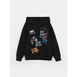 LCW Kids Siyah Rahat Kalıp Baskılı Erkek Çocuk Hoodie