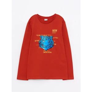 LCW Kids Turuncu Bisiklet Yaka Baskılı Pul İşlemeli Uzun Kollu Pamuklu Erkek Çocuk Tişört