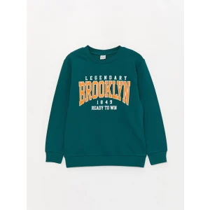 LCW Kids Yeşil Bisiklet Yaka Baskılı Uzun Kollu Erkek Çocuk Sweatshirt