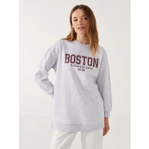 LCW Modest Antrasit Bisiklet Yaka Boston Baskılı Kadın Kalın Sweatshirt Tunik