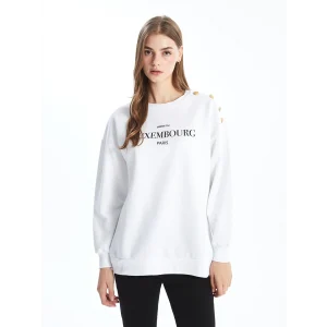 LCW Modest Beyaz Bisiklet Yaka Baskılı Kadın Kalın Sweatshirt Tunik