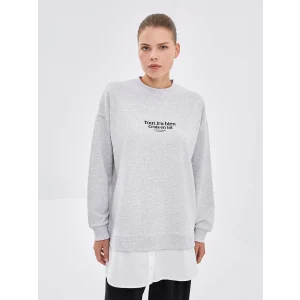 LCW Modest Gri Bisiklet Yaka Baskılı Oversize Kadın Sweatshirt Tunik