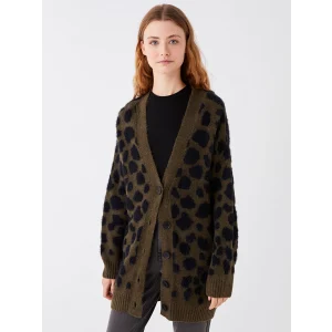 LCW Modest Haki V Yaka Desenli Kadın Triko Hırka