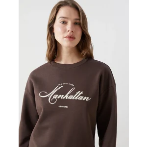 LCW Modest Kahverengi Bisiklet Yaka Baskılı Oversize Kadın Kalın Sweatshirt Tunik