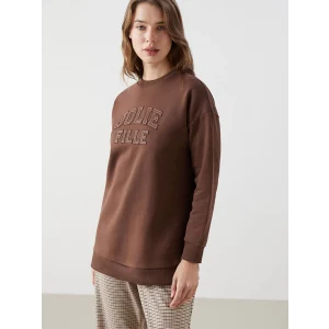 LCW Modest Kahverengi Bisiklet Yaka Nakışlı Kadın Kalın Sweatshirt Tunik