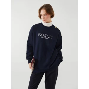 LCW Modest Lacivert Bisiklet Yaka Baskılı Kadın Kalın Sweatshirt Tunik