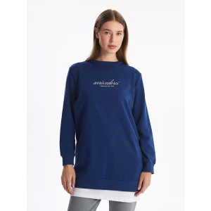 LCW Modest Lacivert Bisiklet Yaka Baskılı Kadın Sweatshirt Tunik