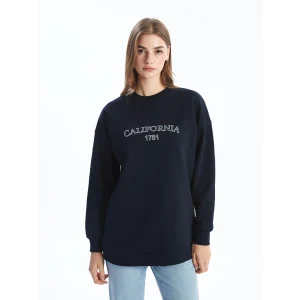 LCW Modest Lacivert Bisiklet Yaka Baskılı Oversize Kadın Sweatshirt Tunik