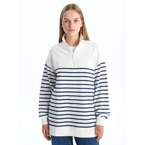 LCW Modest Lacivert Dik Yaka Çizgili Kadın Sweatshirt Tunik