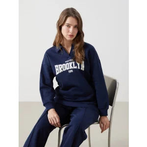 LCW Modest Lacivert Polo Yaka Baskılı Kadın Kalın Sweatshirt Tunik