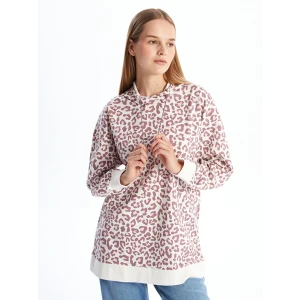 LCW Modest Mürdüm Kapüşonlu Leopar Desenli Kadın Sweatshirt Tunik