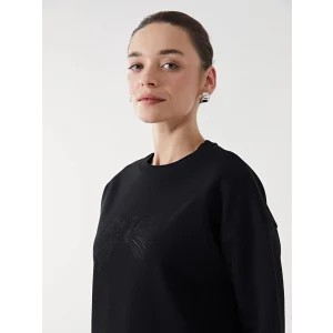 LCW Modest Siyah Bisiklet Yaka Nakışlı Kadın Kalın Sweatshirt Tunik