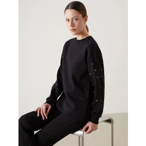 LCW Modest Siyah Bisiklet Yaka Parlak Taşlı Kadın Kalın Sweatshirt Tunik