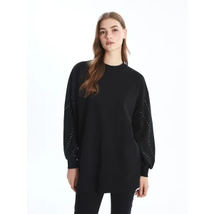 LCW Modest Siyah Bisiklet Yaka Parlak Taşlı Oversize Kadın Sweatshirt Tunik