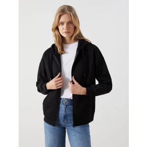 LCW Modest Siyah Kapüşonlu Oversize Kadın Fermuarlı Sweatshirt