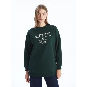 LCW Modest Yeşil Bisiklet Yaka Baskılı Oversize Kadın Sweatshirt Tunik