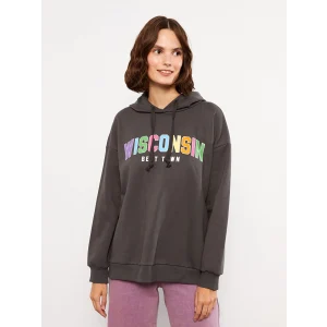 LCW Vision Antrasit Kapüşonlu Baskılı Uzun Kollu Kadın Sweatshirt