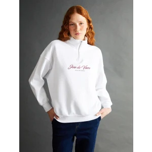 LCW Vision Beyaz Dik Yaka Baskılı Oversize Kadın Kalın Sweatshirt