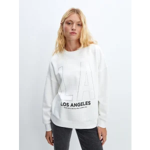 LCW Vision Ekru Bisiklet Yaka Baskılı Oversize Kadın Kalın Sweatshirt