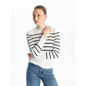 LCW Vision Ekru Bisiklet Yaka Çizgili Uzun Kollu Kadın Triko Kazak