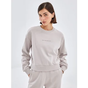 LCW Vision Gri Bisiklet Yaka Baskılı Oversize Kadın Kalın Sweatshirt