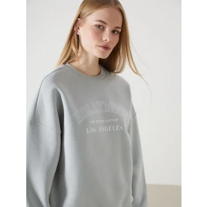LCW Vision Gri Bisiklet Yaka Baskılı Oversize Kadın Kalın Sweatshirt