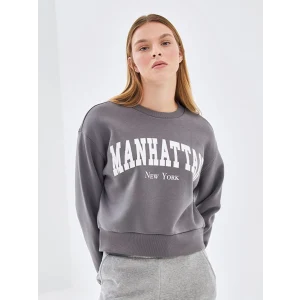 LCW Vision Gri Bisiklet Yaka Baskılı Oversize Kadın Kalın Sweatshirt