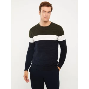 LCW Vision Haki Bisiklet Yaka Uzun Kollu Renk Bloklu Erkek Triko Kazak